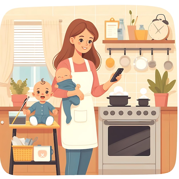 Wektor kobieta trzymająca dziecko w kuchni z kobietą trzymającą dziecko i garnek z dzieckiem na