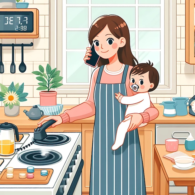 Wektor kobieta w kuchni z dzieckiem i cyfrowym zegarem nad głową