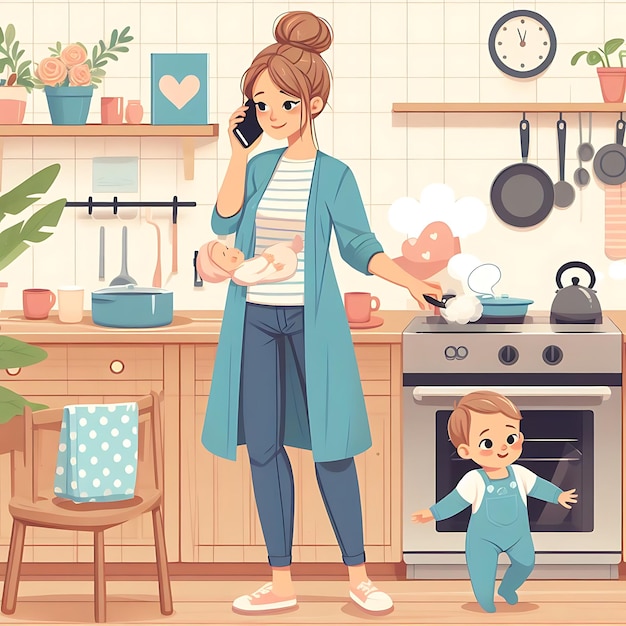 Wektor kobieta w kuchni z dzieckiem na telefonie