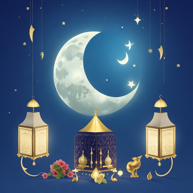 Wektor powitanie festiwalu eid mubarak z lampami i księżycem
