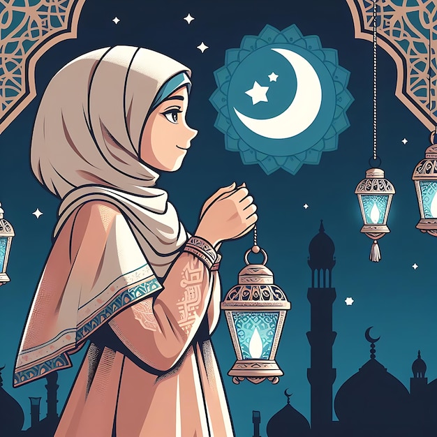 Wektor ramadan kobieta w hidżabie z księżycem i meczetem na tle