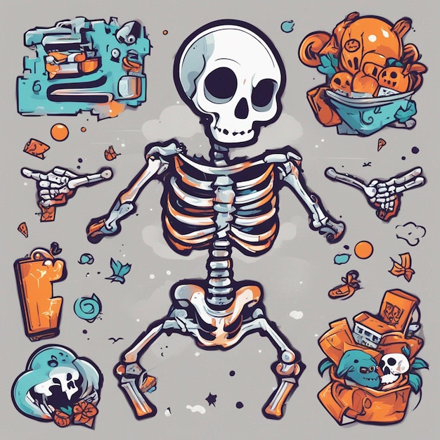 wektor tshirt projekt ilustracja kawaii szkielet świętuje halloween wysoki szczegół