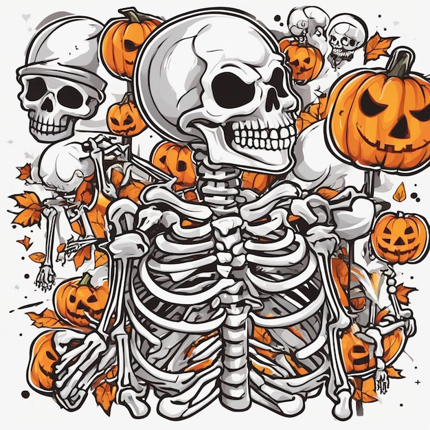 wektor tshirt projekt ilustracja kawaii szkielet świętuje halloween wysoki szczegół