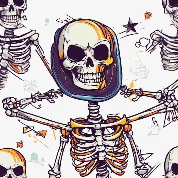 Zdjęcie wektor tshirt projekt ilustracja kawaii szkielet świętuje halloween wysoki szczegół