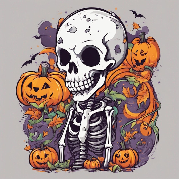 wektor tshirt projekt ilustracja kawaii szkielet świętuje halloween wysoki szczegół