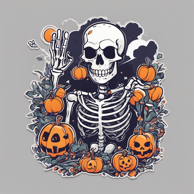 wektor tshirt projekt ilustracja kawaii szkielet świętuje halloween wysoki szczegół