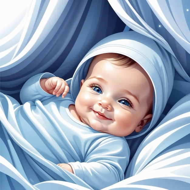 Zdjęcie wektor uśmiechnięty dziecko leżące na łóżku świat snu dzień