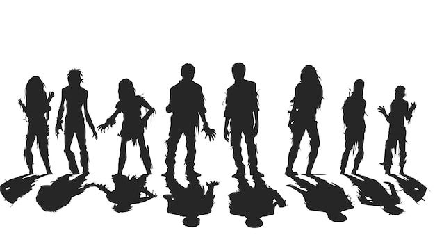 Zdjęcie wektor zestaw sylwetki zombie wektor spaceru zombie zombie z ich cieniami ilustracji wektorowych na białym tle