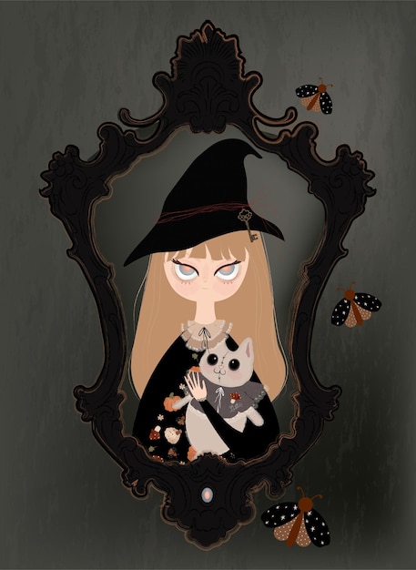 Wektorowa ilustracja wiedźmy z przerażającym, uroczym kotem w Halloween