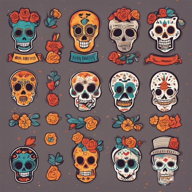 Wektorowa płaska kolekcja odznak dia de muertos ai wygenerowana