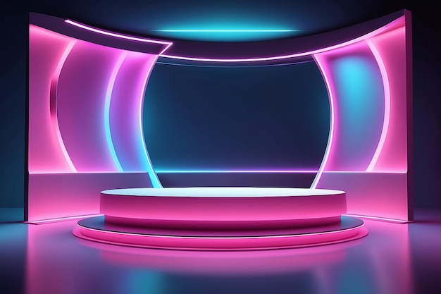 Wektorowy 3D abstrakcyjny pokój studyjny z piedestalem podium abstrakcyjne tło sceny prezentacja produktu maketa pokaz kosmetyczny produkt Podium podium piedestal lub platforma z neonowym światłem