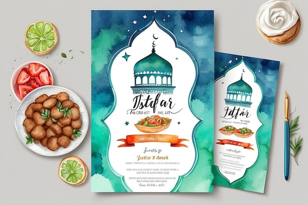 Wektorowy akwarel pionowy szablon zaproszenia na przyjęcie iftar