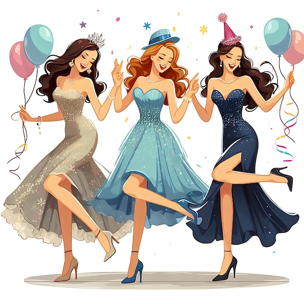 Zdjęcie wektorowy obraz kobiet w sukienkach z balonami i słowami kobiety na dole