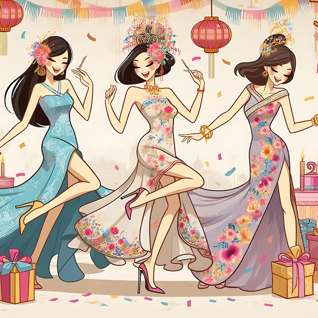 Wektorowy obraz kobiet w sukniach z pudełkiem cukierków i pudełką cukierków