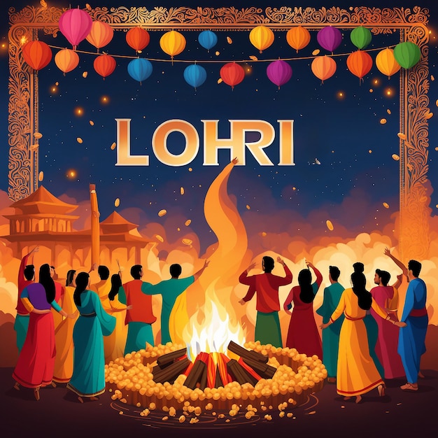 Zdjęcie wektorowy plakat festiwalu realistycznego bonfire centrum etapów otoczony tradycyjnym punjabi