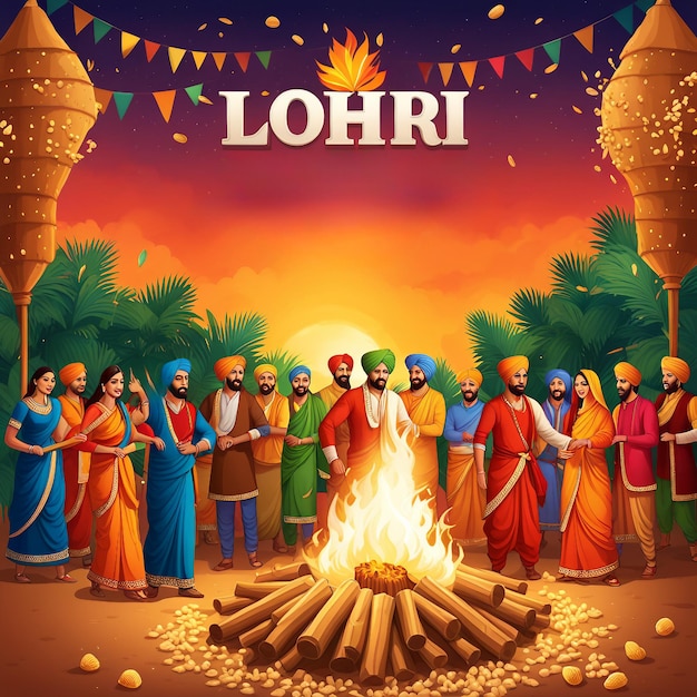 Wektorowy plakat festiwalu realistycznego bonfire centrum etapów otoczony tradycyjnym punjabi