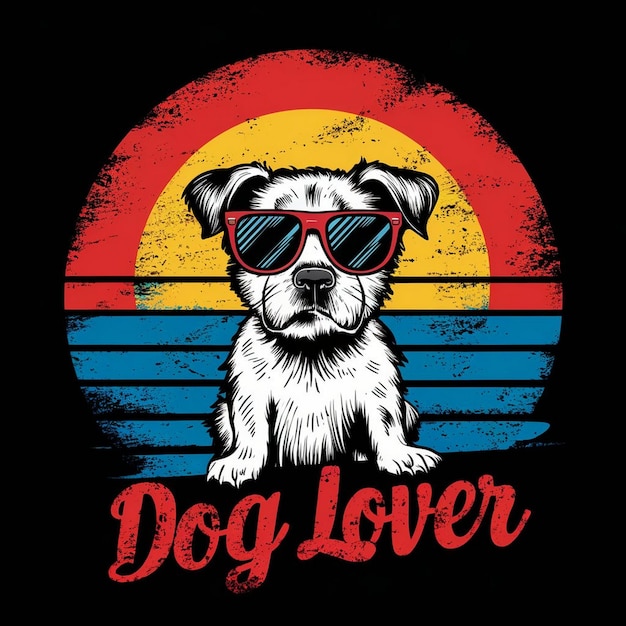 Zdjęcie wektorowy projekt koszulki vintage retro sunset zdenerwowany słodkim psem noszącym okulary przeciwsłoneczne i kochankiem psów
