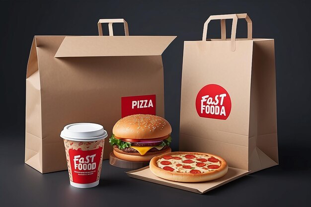 Wektorowy realistyczny zestaw kartonowych opakowań Pizza burger i fast food pudełka i opakowania puste torby na zakupy