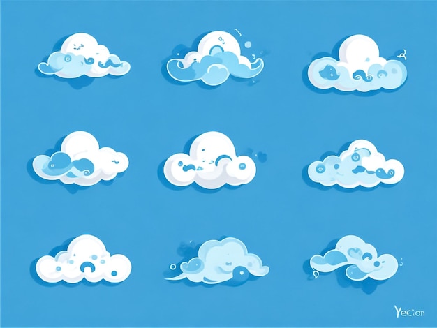 Wektorowy rysunek białych chmur z ikoną odizolowaną na niebieskim