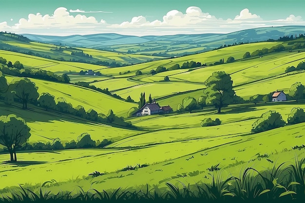 Zdjęcie wektorowy szkic zielona trawa na małych wzgórzach łąka alkaliczna łąka trawa pommel lea pastwisko gospodarstwo wiejskie krajobraz krajobraz panorama wiejskich pastwisk