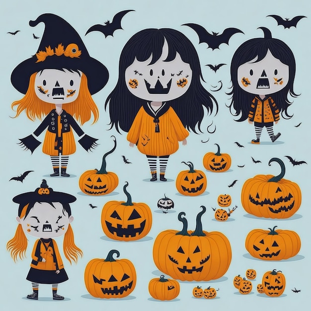 Wektorowy zestaw szczęśliwy przerażający kreskówkowy styl hippie ilustracja z lat sześćdziesiątych graficzny duch dziecka Halloween