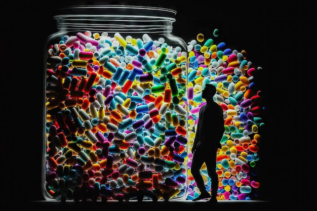 Zdjęcie wellness i pharmaceuticals sylwetka człowieka z kolorowymi pigułkami generative ai