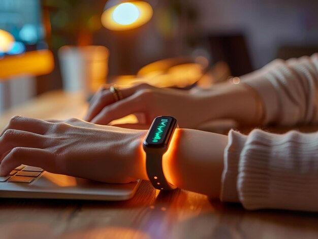 Wellness Tracker Health Bracelet Monitoruje poziom snu i stresu Pokazując osobę noszącą bransoletkę zdrowia w pracy Środowisko biurowe Realistyczny obraz Miękkie oświetlenie Rembrandta