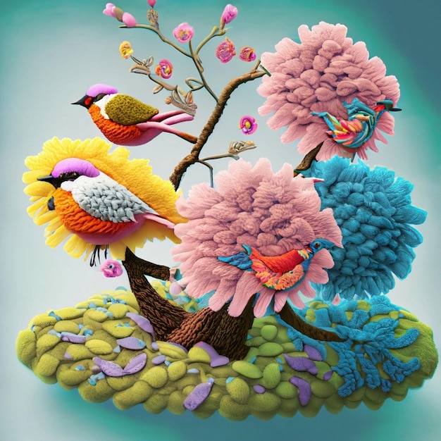 wełniane kolorowe ptaki i kwiaty