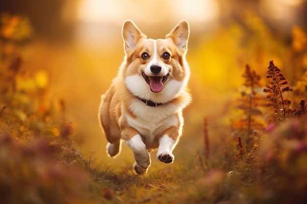 Welsh Corgi Dog pembroke spacerujący na świeżym powietrzu w jesiennym parku