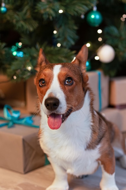 Welsh Corgi Pembroke Rasowy pies i prezent na Boże Narodzenie Święta i wydarzenia Święta Bożego Narodzenia