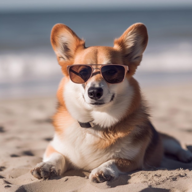 Welsh Corgi Pies w okularach przeciwsłonecznych leży na piasku plaży Utworzono przy użyciu generatywnych narzędzi Al