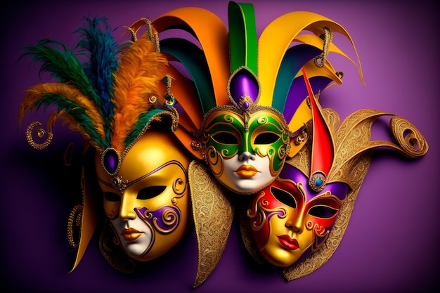 Weneckie maski karnawałowe i ozdoby z koralików Tło Mardi gras Generacyjna sztuczna inteligencja