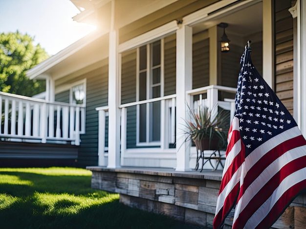 Weranda domu z flagą USA przed domem generatywnym