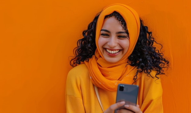 Wesoła arabska kobieta w późnych latach dwudziestych uśmiecha się serdecznie, polecając aplikację na smartfonie na żywym pomarańczowym tle promieniującym pozytywnością i entuzjazmem