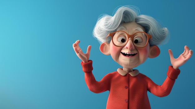 Wesoła babcia z okularami i białymi włosami, nosząca czerwoną bluzkę, gestującą rękami.