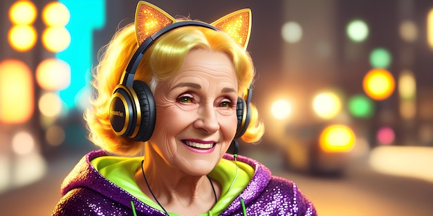 Wesoła babcia ze słuchawkami z motywem muzycznym narysowana ilustracja ai wygenerowana