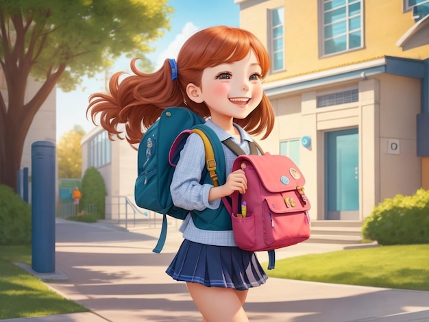 Wesoła dziewczyna obejmuje pierwszy dzień z powrotem do szkoły idąc w kierunku szkoły z plecakiem wygenerowanym ai