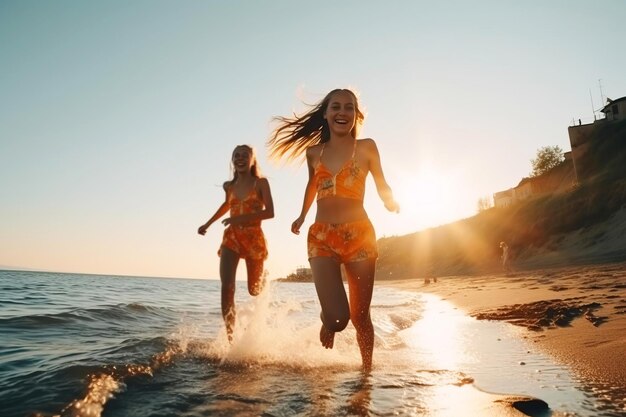 Wesoła grupa dziewcząt w kostiumach kąpielowych nad morzem na plaży o zachodzie słońca odpoczywa w tropikalnym kurorcie