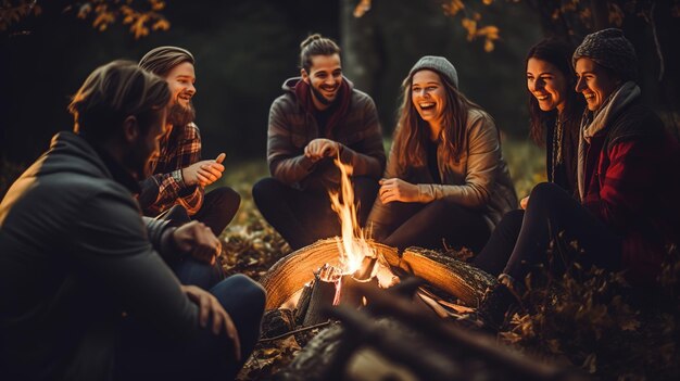 Wesoła grupa milenialistów śmieje się i łączy się wokół ognia, ucieleśniając przyjaźń.