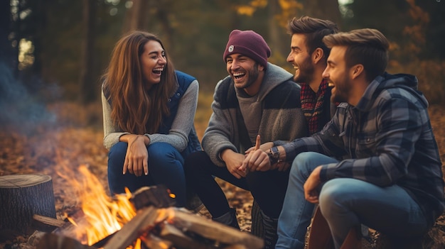 Wesoła grupa milenialistów śmieje się i łączy się wokół ognia, ucieleśniając przyjaźń.