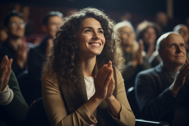 Wesoła kobieta klasztuje w dłonie i cheers w teatrze publiczność cieszy się niesamowity pokaz