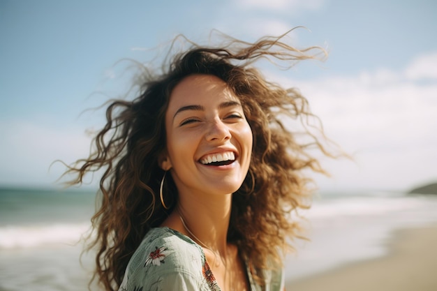 Wesoła kobieta na słonecznych wakacjach na plaży uśmiecha się
