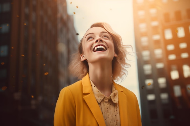 Wesoła kobieta w żółtej kurtce śmieje się wśród żywej energii miasta.