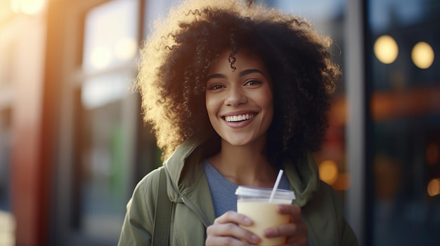 Zdjęcie wesoła, kręcone włosy kobieta w casual kurtce, pijąca detoks vegetable smoothie, obejmująca zdrowego umierającego.