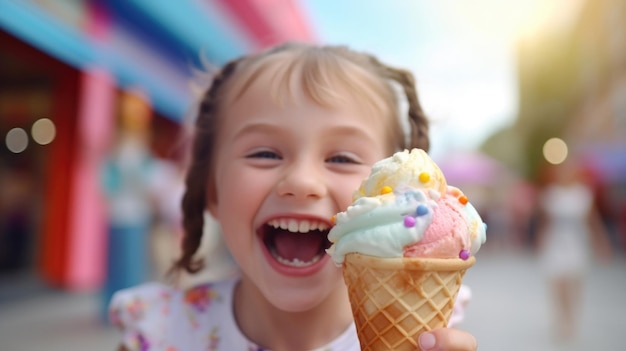 Wesoła mała dziewczynka cieszy się tętniącą życiem tęczą lodówką w słoneczny dzień
