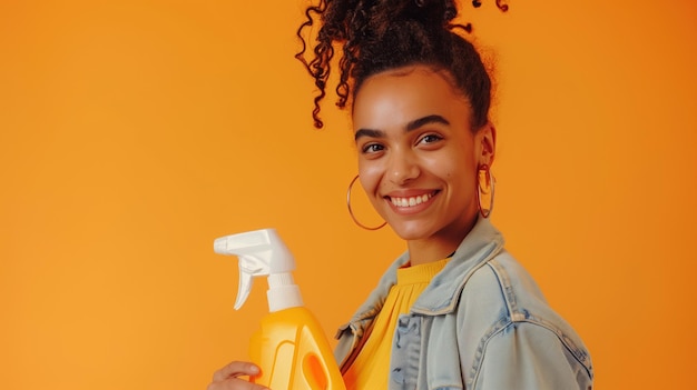 Wesoła młoda afroamerykańska kobieta z sprayem czyszczącym na żywym pomarańczowym tle