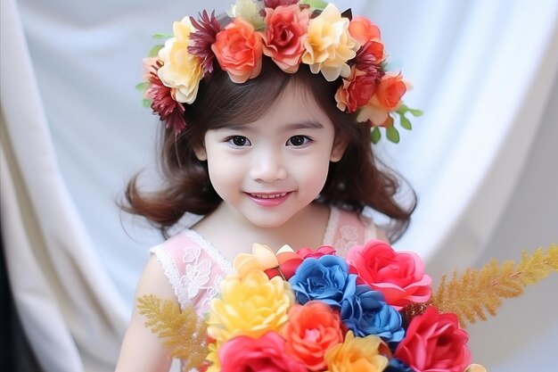 Wesoła młoda dziewczyna trzymająca piękny bukiet kwiatów odizolowany na dziewiczym białym tle