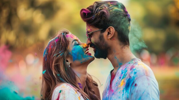 Wesoła młoda indyjska para w miłości bawiąca się kolorowym kolorem proszku lub świętująca festiwal Holi w parku i całując się