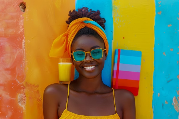 Wesoła młoda kobieta cieszy się słonecznym dniem na plaży w kolorowym tle i odświeżającym