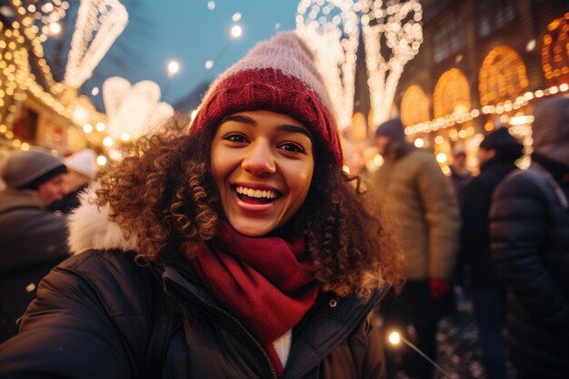 Wesoła młoda kobieta robi selfie na targu świątecznym z świątecznymi oświetleniami